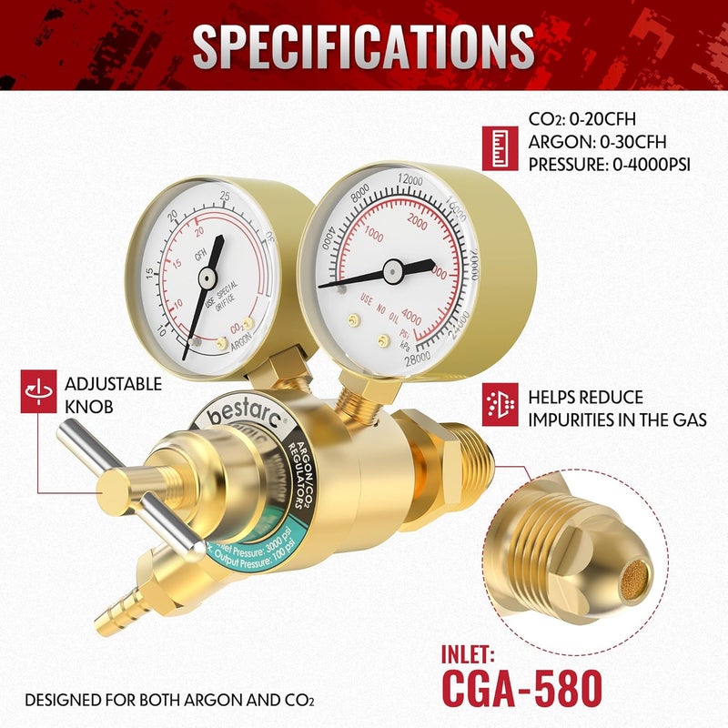 bestarc Argon CO2 Regulator Gauges Gas Welding with 9.8FT Gas Hose, CGA580 Inlet Connection, 0-4000PSI Input Pressure for MIG and TIG Welding - Image 2